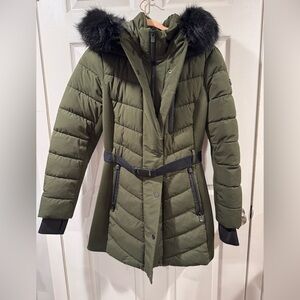 Michael Kors Olive Puffer Jacket with Faux Fur Hood
